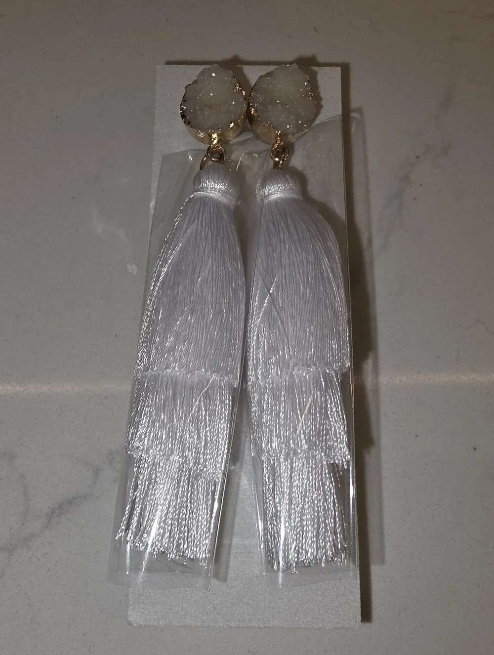White Sparkling Stone Tassel Earrings Layered 3 Tier Crystal Boho Dangle Drop